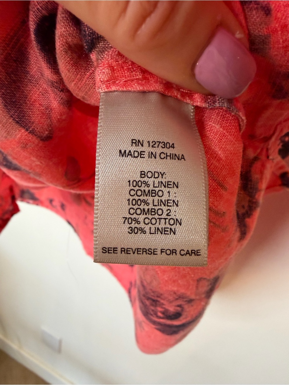 John Mark Coral Floral Band-Collar Tunic Top Linen Pink coral 3/4 sleeve Medium - Picture 8 of 11